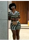 Kadın Kısa Kollu Polo Yaka Crop Asimetrik Mini Triko Etek Ikili Takım