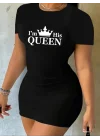 Kadın Kısa Kollu Queen Baskı Iki Iplik Mini Elbise