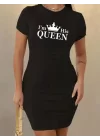 Kadın Kısa Kollu Queen Baskı Iki Iplik Mini Elbise