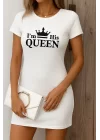 Kadın Kısa Kollu Queen Baskı Iki Iplik Mini Elbise