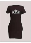 Kadın Kısa Kollu Queen Baskı Iki Iplik Mini Elbise