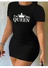 Kadın Kısa Kollu Queen Baskı Iki Iplik Mini Elbise