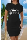 Kadın Kısa Kollu Queen Baskı Iki Iplik Mini Elbise