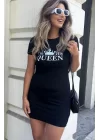 Kadın Kısa Kollu Queen Baskı Iki Iplik Mini Elbise