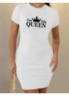 Kadın Kısa Kollu Queen Baskı Iki Iplik Mini Elbise