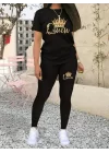 Kadın Kısa Kollu Queen Baskı Viskon Ikili Takım