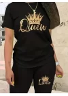 Kadın Kısa Kollu Queen Baskı Viskon Ikili Takım