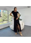 Kadın Kısa Kollu Sırt Dekolteli Yırtmaçlı Pegasus Kumaş Elbise
