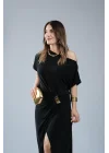 Kadın Kısa Kollu Tek Omuzdan Açık Beli Lastikli Sandy Maxi Elbise