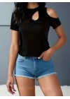 Kadın Kısa Kollu Tek Omuzu Açık Damla Detaylı Viskon Bluz
