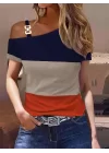 Kadın Kısa Kollu Tek Omuzu Açık Toka Detaylı çok Renkli Viskon Bluz