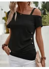 Kadın Kısa Kollu Tek Tarafı Askılı Düşük Omuzlu Düğme Detay Viskon Bluz