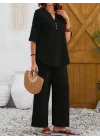 Kadın Kısa Kollu V Hakim Yaka Düğmeli Bürümcük Bluz Ve Pantolon Ikili Takım