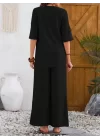 Kadın Kısa Kollu V Hakim Yaka Düğmeli Bürümcük Bluz Ve Pantolon Ikili Takım