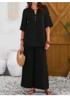 Kadın Kısa Kollu V Hakim Yaka Düğmeli Bürümcük Bluz Ve Pantolon Ikili Takım