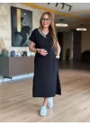 Kadın Kısa Kollu V Ribana Yakalı Yırtmaçlı Midi Viskon Iki Iplik Elbise