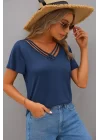 Kadın Kısa Kollu V şerit Yakalı Viskon Bluz