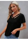 Kadın Kısa Kollu V şerit Yakalı Viskon Bluz