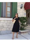 Kadın Kısa Kollu V Yaka Cepli Midi Boy Viskon Elbise