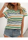 Kadın Kısa Kollu V Yaka çizgili Süprem T-shirt
