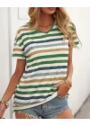 Kadın Kısa Kollu V Yaka çizgili Süprem T-shirt