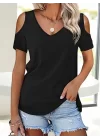 ßKadın Kısa Kollu V Yaka Dekolte Omuz Detay Viskon Bluz
