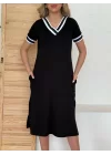 Kadın Kısa Kollu V Yaka Kol Ve Yaka Ribana Detay Midi Boy Viskon Elbise