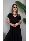Kadın Kısa Kollu V Yaka Salaş Maxi Boy Elbise