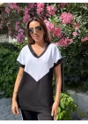 Kadın Kısa Kollu V Yaka Siyah Beyaz Renkli Viskon Iki Iplik Kumaş Eşofman Takımı