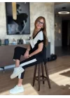Kadın Kısa Kollu V Yaka Siyah Beyaz Renkli Viskon Iki Iplik Kumaş Eşofman Takımı
