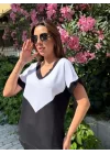 Kadın Kısa Kollu V Yaka Siyah Beyaz Renkli Viskon Iki Iplik Kumaş Eşofman Takımı