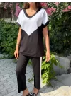 Kadın Kısa Kollu V Yaka Siyah Beyaz Renkli Viskon Iki Iplik Kumaş Eşofman Takımı