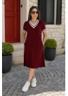 Kadın Kısa Kollu V Yaka Ve Yaka Ribana Detay Midiboy Viskon Elbise