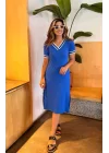 Kadın Kısa Kollu V Yaka Ve Yaka Ribana Detay Midiboy Viskon Elbise