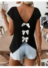 Kadın Kısa Kollu V Yakalı Arkadan Kurdele Detaylı Viskon Bluz