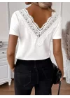Kadın Kısa Kollu V Yakalı Arkası Dantelli Viskon Bluz