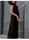 Kadın Kısa Kollu V Yakalı Belden Kuşaklı Maksi Boy Viskon Elbise