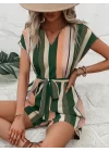 Kadın Kısa Kollu V Yakalı Beli Kuşaklı Keten Tulum