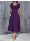 Kadın Kısa Kollu V Yakalı Cepli Viskon Elbise