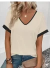 Kadın Kısa Kollu V Yakalı çift Renkli Viskon Bluz