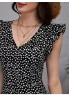 Kadın Kısa Kollu V Yakalı Desenli Fırfırlı Süprem Elbise