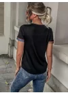 Kadın Kısa Kollu V Yakalı Düğmeli çok Renkli Süprem Bluz