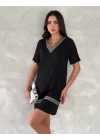 Kadın Kısa Kollu V Yakalı Etnik Desen şerit Detaylı Viskon Elbise