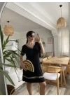 Kadın Kısa Kollu V Yakalı Etnik Desen şerit Detaylı Viskon Elbise