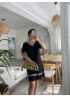 Kadın Kısa Kollu V Yakalı Etnik Desen şerit Detaylı Viskon Elbise
