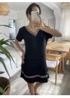 Kadın Kısa Kollu V Yakalı Etnik Desen şerit Detaylı Viskon Elbise