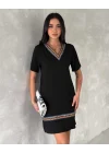 Kadın Kısa Kollu V Yakalı Etnik Desen şerit Detaylı Viskon Elbise