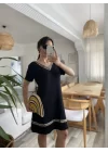 Kadın Kısa Kollu V Yakalı Etnik Desen şerit Detaylı Viskon Elbise