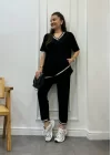 Kadın Kısa Kollu V Yakalı Iki Iplik Bluz Ve Pantolon Ikili Takım