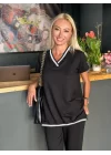 Kadın Kısa Kollu V Yakalı Iki Iplik Bluz Ve Pantolon Ikili Takım